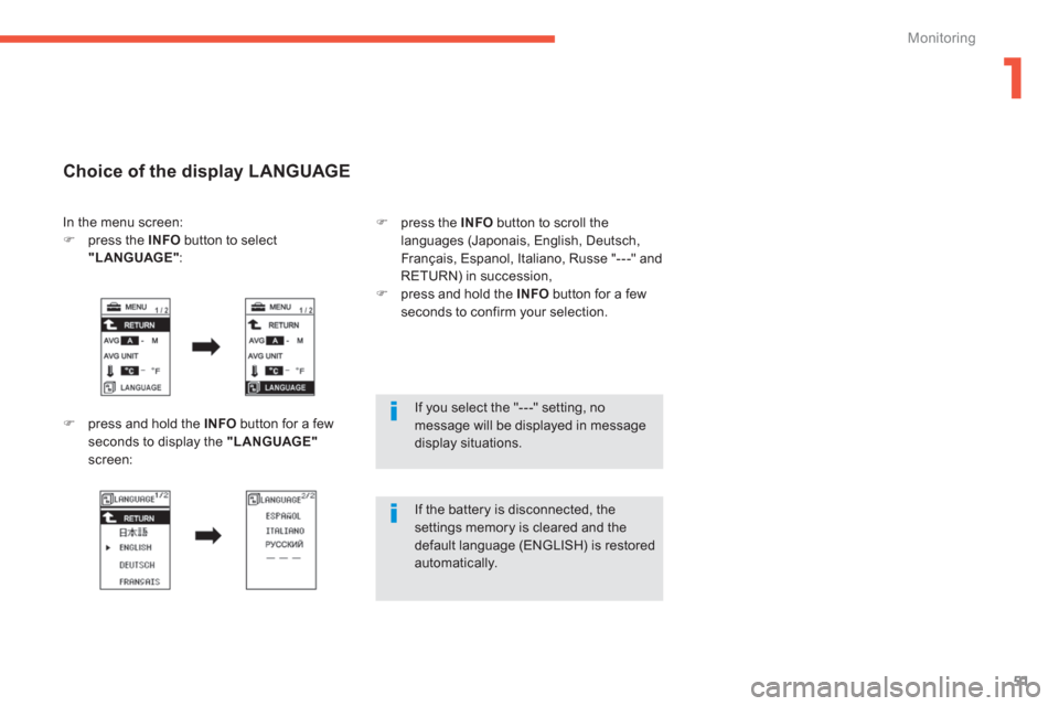 Citroen C4 AIRCROSS RHD 2014 1.G Workshop Manual 1
51
Monitoring
   
If you select the "- - -" setting, no 
message will be displayed in message 
display situations.  
   
If the battery is disconnected, the 
settings memory is cleared and the 
defa