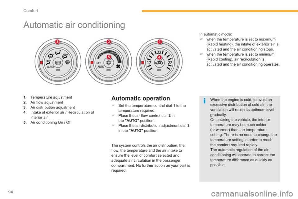Citroen C4 AIRCROSS RHD 2014 1.G Owners Manual 94
Comfort
   
 
 
 
 
 
 
 
 
 
 
 
 
 
 
 
 
 
 
 
Automatic air conditioning 
 
 
 
1. 
 Temperature adjustment 
   
2. 
  Air flow adjustment 
   
3. 
  Air distribution adjustment 
   
4. 
  Inta