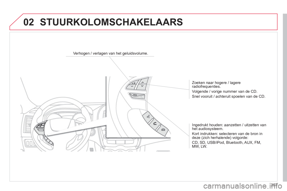 CITROEN C4 AIRCROSS 2014  Instructieboekjes (in Dutch) 257
02
   
 
 
 
 
 
 
Verhogen / verlagen van het geluidsvolume.  
   
Zoeken naar hogere / lagere 
radiofrequenties. 
  Volgende / vorige nummer van de CD. 
  Snel vooruit / achteruit spoelen van de