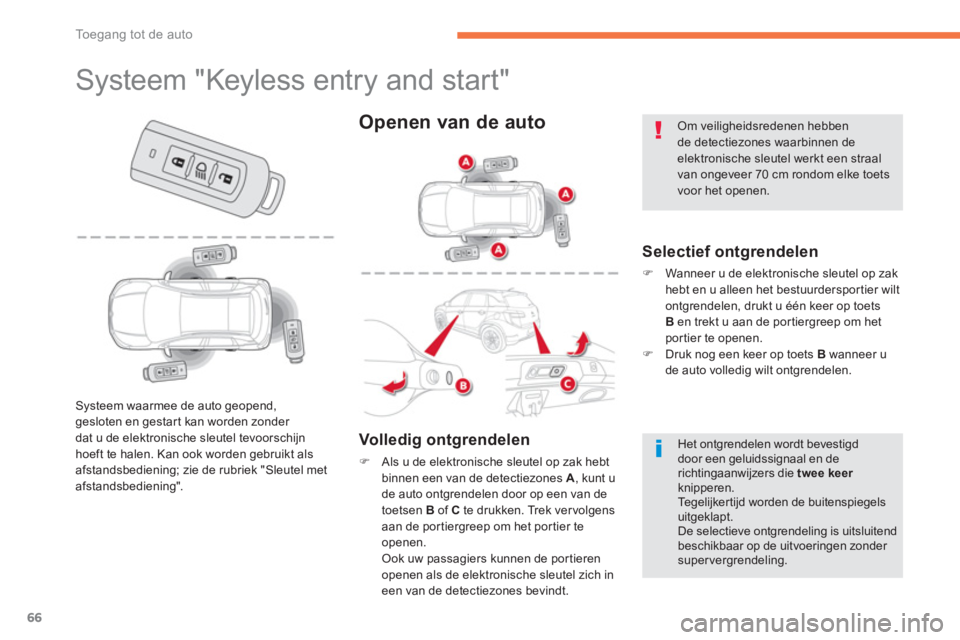 CITROEN C4 AIRCROSS 2014  Instructieboekjes (in Dutch) 66
Toegang tot de auto
   
 
 
 
 
 
 
 
 
 
 
 
 
 
 
 
Systeem "Keyless entry and start" 
 
 
Selectief ontgrendelen 
 
 
 
�) 
  Wanneer u de elektronische sleutel op zak 
hebt en u alleen het best