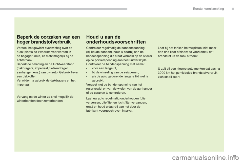 CITROEN C4 AIRCROSS 2013  Instructieboekjes (in Dutch) .
23
Eerste kennismaking
Beperk de oorzaken van een 
hoger brandstofverbruik 
Verdeel het gewicht evenwichtig over de auto: plaats de zwaarste voor werpen inde bagageruimte, zo dicht mogelijk bij de a