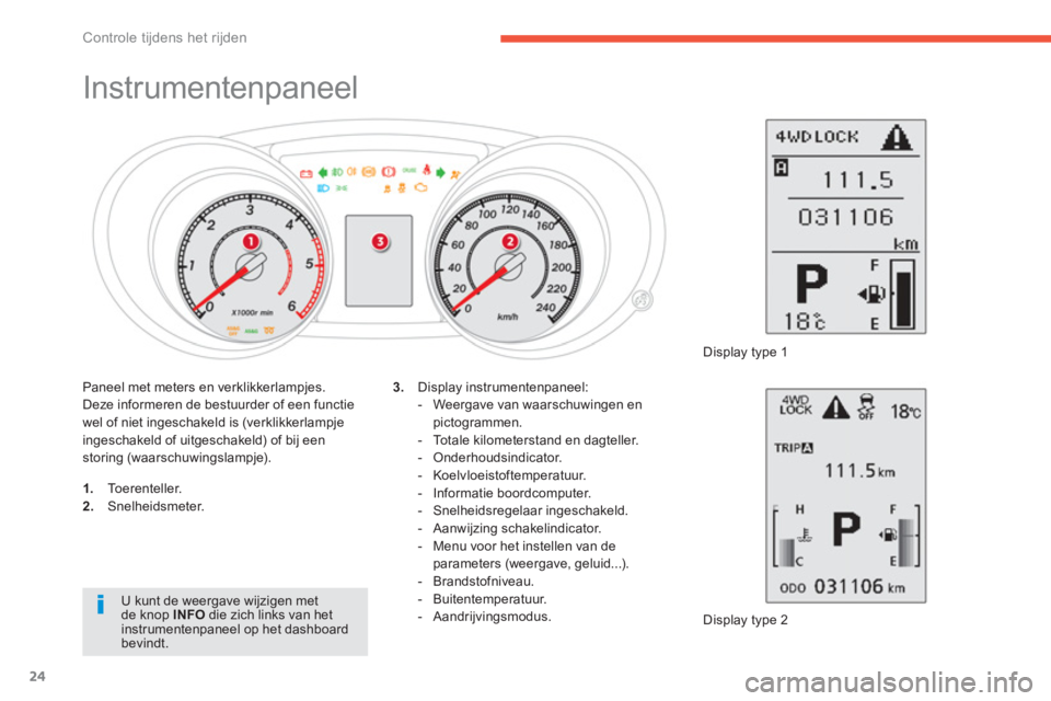 CITROEN C4 AIRCROSS 2013  Instructieboekjes (in Dutch) 24
Controle tijdens het rijden
   
 
 
 
 
 
 
 
 
 
 
 
 
 
 
 
Instrumentenpaneel 
1. 
 To erenteller. 2. 
 Snelheidsmeter. 
  Displa
y type 2  
3. 
 Display instrumentenpaneel:
   
 
-   Weergave v