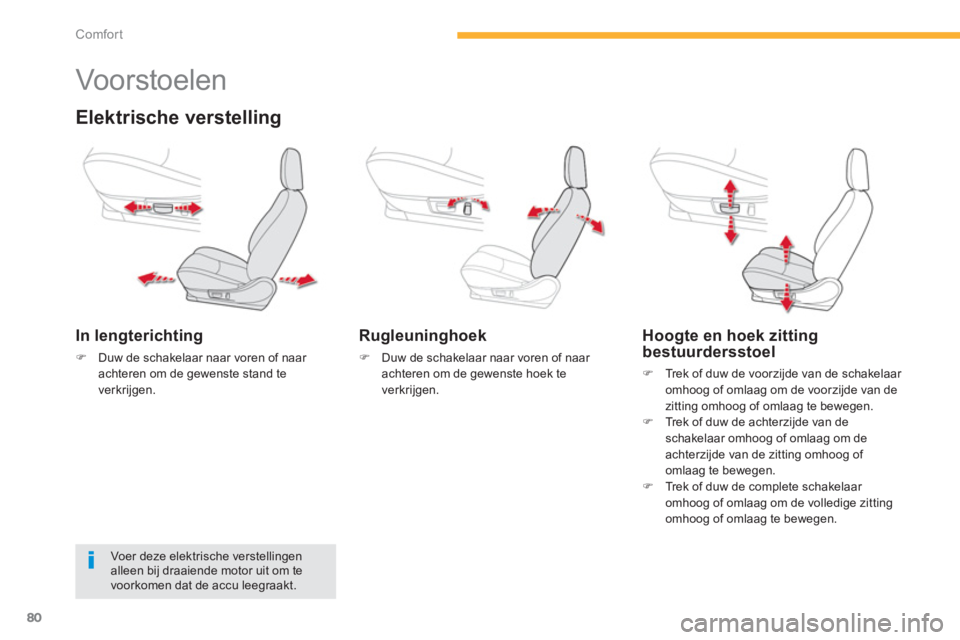 CITROEN C4 AIRCROSS 2013  Instructieboekjes (in Dutch) 80
Comfort
   
 
 
 
 
 
 
 
 
 
 
Vo or stoelen  
Elektrische verstelling 
In lengterichting
�)Duw de schakelaar naar voren of naar achteren om de gewenste stand te 
verkrijgen.  
 
 
 Rugleuninghoek