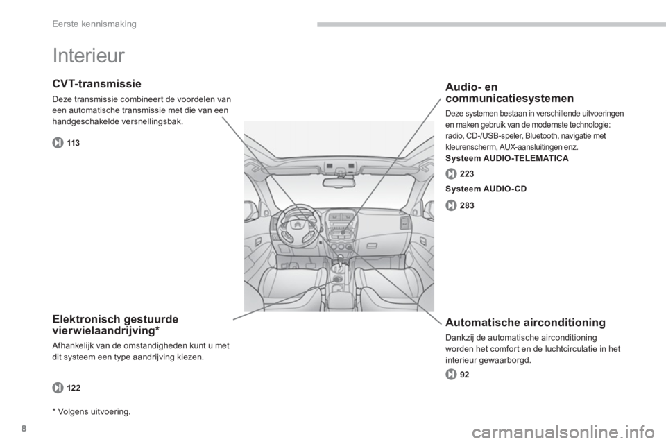 CITROEN C4 AIRCROSS 2013 Instructieboekjes (in Dutch) 8
Eerste kennismaking
Interieur
Elektronisch gestuurde vierwielaandrijving *
Afhankelijk van de omstandigheden kunt u met
dit systeem een type aandrijving kiezen.
CVT-transmissie
Deze transmis CITROEN C4 AIRCROSS 2013 Instructieboekjes (in Dutch) 8
Eerste kennismaking
Interieur
Elektronisch gestuurde vierwielaandrijving *
Afhankelijk van de omstandigheden kunt u met
dit systeem een type aandrijving kiezen.
CVT-transmissie
Deze transmis