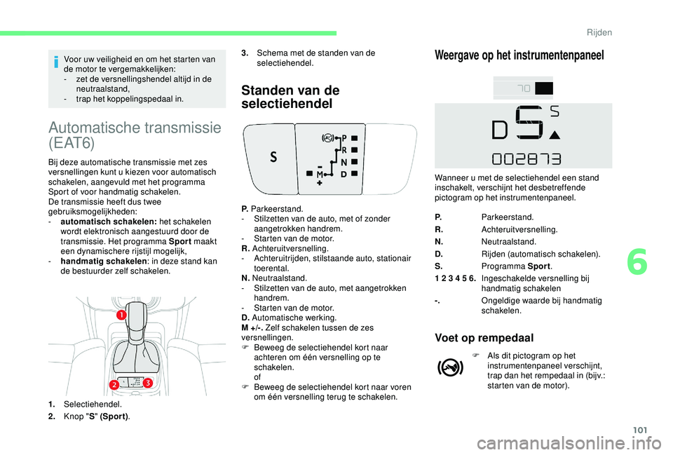 CITROEN C4 CACTUS 2019 Instructieboekjes (in Dutch) 101
Voor uw veiligheid en om het starten van
de motor te vergemakkelijken:
-
z
et de versnellingshendel altijd in de
neutraalstand,
-
t
rap het koppelingspedaal in.
Automatische transmissie
( E CITROEN C4 CACTUS 2019 Instructieboekjes (in Dutch) 101
Voor uw veiligheid en om het starten van
de motor te vergemakkelijken:
-
z
et de versnellingshendel altijd in de
neutraalstand,
-
t
rap het koppelingspedaal in.
Automatische transmissie
( E