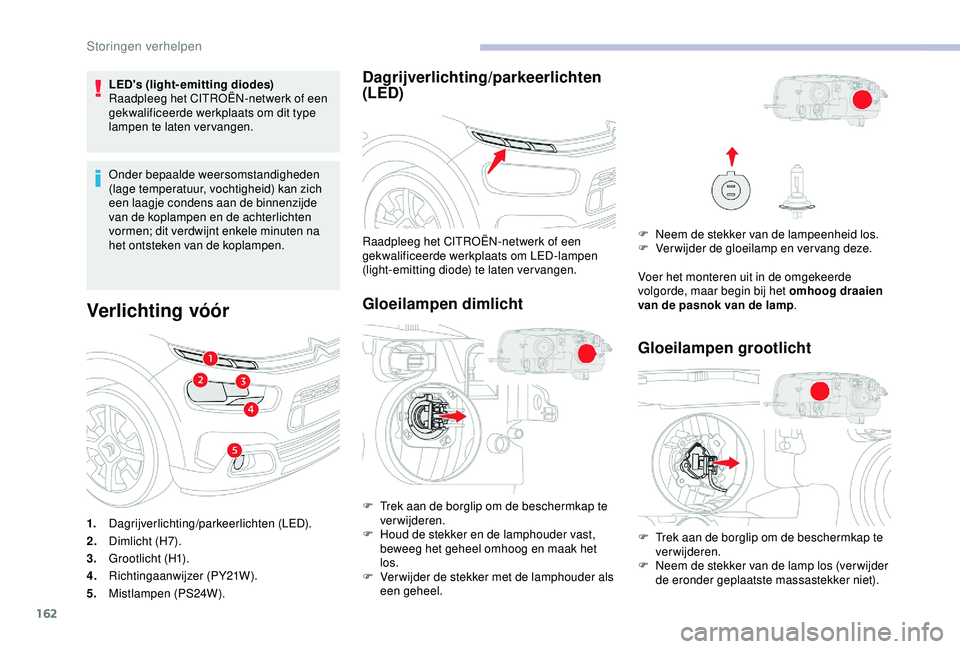CITROEN C4 CACTUS 2019 Instructieboekjes (in Dutch) 162
LED's (light-emitting diodes)
Raadpleeg het CITROËN-netwerk of een
gekwalificeerde werkplaats om dit type
lampen te laten vervangen.
Onder bepaalde weersomstandigheden
(lage temperatuur, v CITROEN C4 CACTUS 2019 Instructieboekjes (in Dutch) 162
LED's (light-emitting diodes)
Raadpleeg het CITROËN-netwerk of een
gekwalificeerde werkplaats om dit type
lampen te laten vervangen.
Onder bepaalde weersomstandigheden
(lage temperatuur, v