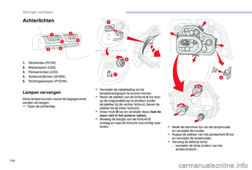 CITROEN C4 CACTUS 2019 Instructieboekjes (in Dutch) 164
Achterlichten
1.Remlichten (P21W).
2. Mistlamp(en) (LED).
3. Parkeerlichten (LED).
4. Achteruitrijlichten (W16W).
5. Richtingaanwijzer (PY21W).
Lampen vervangen
Deze lampen kunnen vanuit de bagage CITROEN C4 CACTUS 2019 Instructieboekjes (in Dutch) 164
Achterlichten
1.Remlichten (P21W).
2. Mistlamp(en) (LED).
3. Parkeerlichten (LED).
4. Achteruitrijlichten (W16W).
5. Richtingaanwijzer (PY21W).
Lampen vervangen
Deze lampen kunnen vanuit de bagage