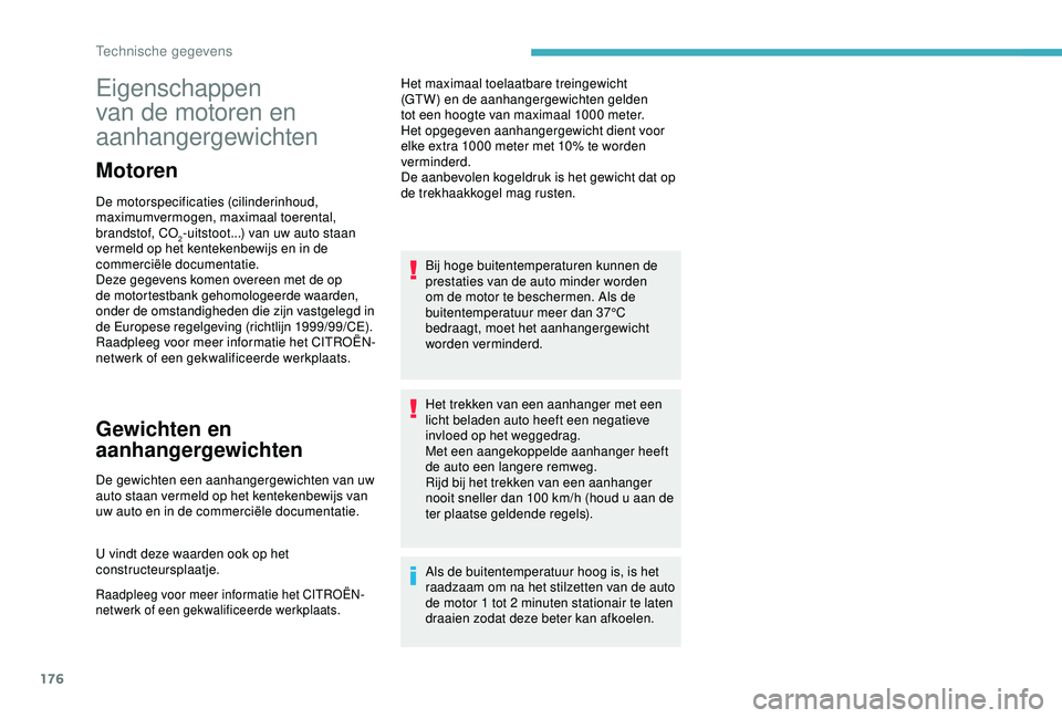 CITROEN C4 CACTUS 2019 Instructieboekjes (in Dutch) 176
Eigenschappen
van de motoren en
aanhangergewichten
Motoren
De motorspecificaties (cilinderinhoud,
maximumvermogen, maximaal toerental,
brandstof, CO
2-uitstoot...) van uw auto staan
vermeld o CITROEN C4 CACTUS 2019 Instructieboekjes (in Dutch) 176
Eigenschappen
van de motoren en
aanhangergewichten
Motoren
De motorspecificaties (cilinderinhoud,
maximumvermogen, maximaal toerental,
brandstof, CO
2-uitstoot...) van uw auto staan
vermeld o