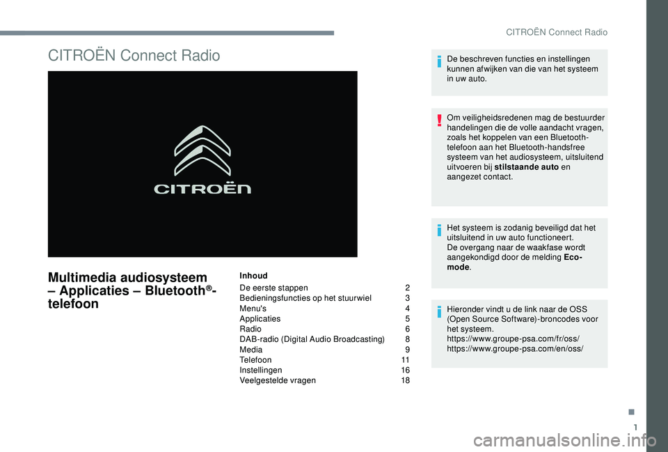 CITROEN C4 CACTUS 2019 Instructieboekjes (in Dutch) 1
CITROËN Connect Radio
Multimedia audiosysteem
– Applicaties – Bluetooth®-
telefoon
Inhoud
De eerste stappen
2
B
edieningsfuncties op het stuurwiel
3
M
enu's 4
Applicaties
5
R
adi CITROEN C4 CACTUS 2019 Instructieboekjes (in Dutch) 1
CITROËN Connect Radio
Multimedia audiosysteem
– Applicaties – Bluetooth®-
telefoon
Inhoud
De eerste stappen
2
B
edieningsfuncties op het stuurwiel
3
M
enu's 4
Applicaties
5
R
adi