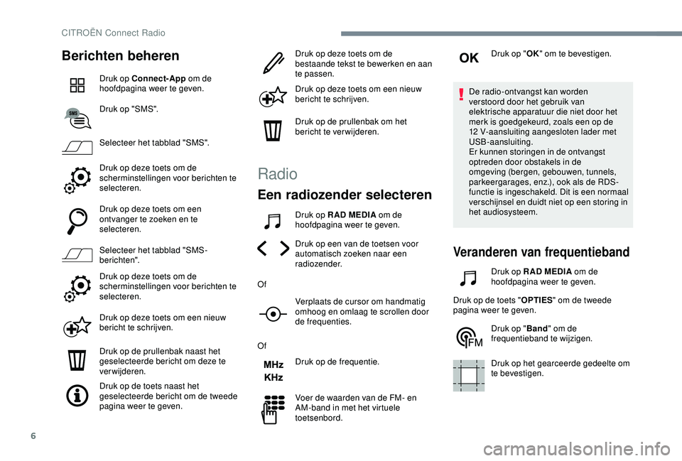 CITROEN C4 CACTUS 2019 Instructieboekjes (in Dutch) 6
Berichten beheren
Druk op Connect-App om de
hoofdpagina weer te geven.
Druk op "SMS".
Selecteer het tabblad "SMS".
Druk op deze toets om de
scherminstellingen voor berichten te
se CITROEN C4 CACTUS 2019 Instructieboekjes (in Dutch) 6
Berichten beheren
Druk op Connect-App om de
hoofdpagina weer te geven.
Druk op "SMS".
Selecteer het tabblad "SMS".
Druk op deze toets om de
scherminstellingen voor berichten te
se