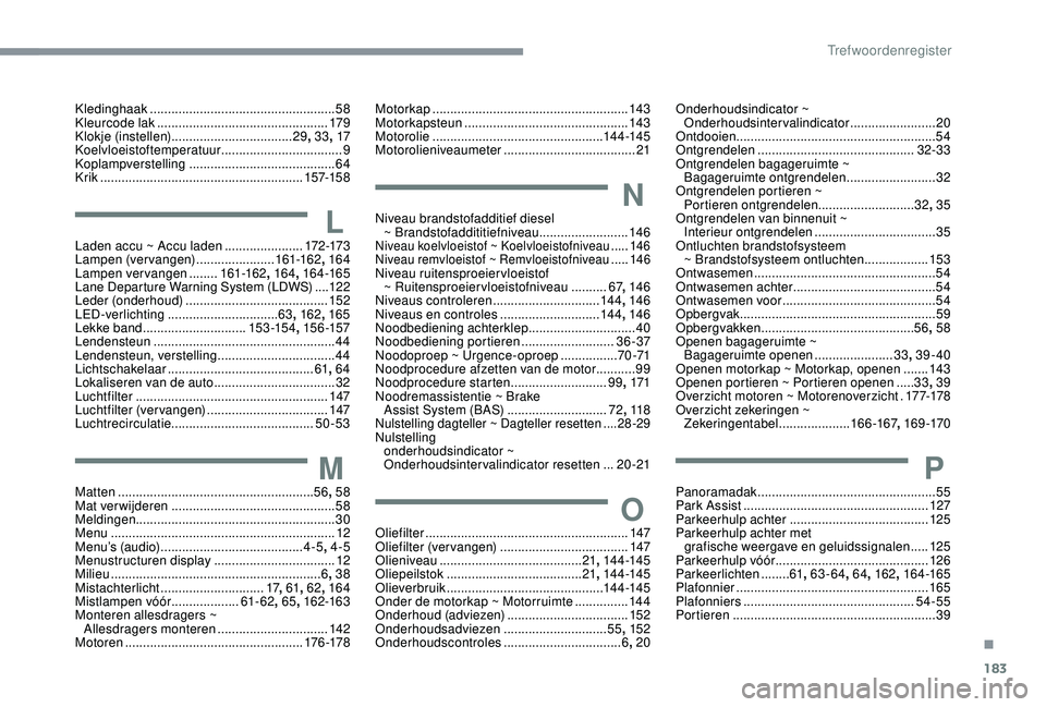 CITROEN C4 CACTUS 2019 Instructieboekjes (in Dutch) 183
Kledinghaak .................................................... 58
Kleurcode lak ............................... .................179
Klokje (instellen)
.................................. 29, CITROEN C4 CACTUS 2019 Instructieboekjes (in Dutch) 183
Kledinghaak .................................................... 58
Kleurcode lak ............................... .................179
Klokje (instellen)
.................................. 29,
