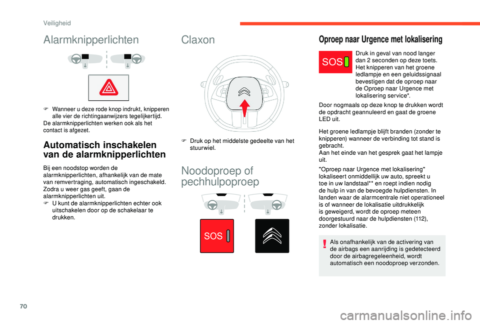 CITROEN C4 CACTUS 2019 Instructieboekjes (in Dutch) 70
Alarmknipperlichten
F Wanneer u deze rode knop indrukt, knipperen alle vier de richtingaanwijzers tegelijkertijd.
De alarmknipperlichten werken ook als het
contact is afgezet.
Automatisch inschake CITROEN C4 CACTUS 2019 Instructieboekjes (in Dutch) 70
Alarmknipperlichten
F Wanneer u deze rode knop indrukt, knipperen alle vier de richtingaanwijzers tegelijkertijd.
De alarmknipperlichten werken ook als het
contact is afgezet.
Automatisch inschake