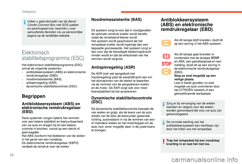 CITROEN C4 CACTUS 2019 Instructieboekjes (in Dutch) 72
Elektronisch
stabiliteitsprogramma (ESC)
Het elektronisch stabiliteitsprogramma (ESC)
omvat de volgende systemen:
-
a
ntiblokkeersysteem (ABS) en elektronische
remdrukregelaar (EBD),
-
n
ood CITROEN C4 CACTUS 2019 Instructieboekjes (in Dutch) 72
Elektronisch
stabiliteitsprogramma (ESC)
Het elektronisch stabiliteitsprogramma (ESC)
omvat de volgende systemen:
-
a
ntiblokkeersysteem (ABS) en elektronische
remdrukregelaar (EBD),
-
n
ood