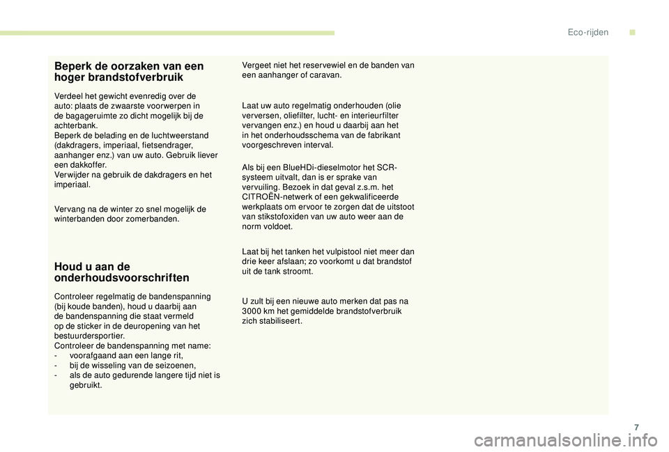 CITROEN C4 CACTUS 2019  Instructieboekjes (in Dutch) 7
Beperk de oorzaken van een 
hoger brandstofverbruik
Verdeel het gewicht evenredig over de 
auto: plaats de zwaarste voor werpen in 
de bagageruimte zo dicht mogelijk bij de 
achterbank.
Beperk de be