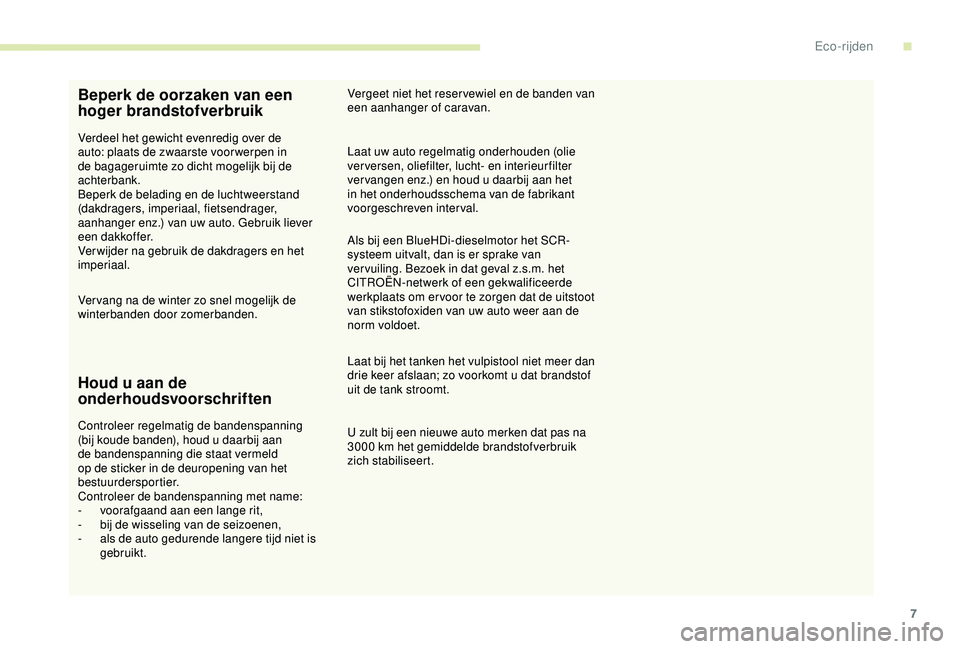 CITROEN C4 CACTUS 2019 Instructieboekjes (in Dutch) 7
Beperk de oorzaken van een
hoger brandstofverbruik
Verdeel het gewicht evenredig over de
auto: plaats de zwaarste voor werpen in
de bagageruimte zo dicht mogelijk bij de
achterbank.
Beperk de be CITROEN C4 CACTUS 2019 Instructieboekjes (in Dutch) 7
Beperk de oorzaken van een
hoger brandstofverbruik
Verdeel het gewicht evenredig over de
auto: plaats de zwaarste voor werpen in
de bagageruimte zo dicht mogelijk bij de
achterbank.
Beperk de be