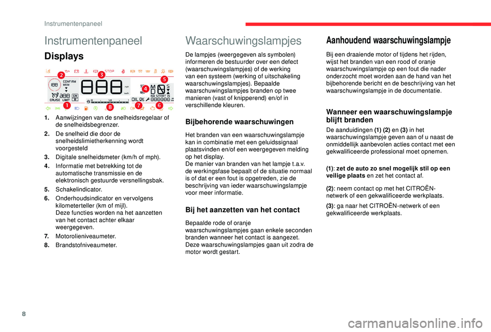 CITROEN C4 CACTUS 2019  Instructieboekjes (in Dutch) 8
Instrumentenpaneel
Displays
1.Aanwijzingen van de snelheidsregelaar of 
de snelheidsbegrenzer.
2. De snelheid die door de 
snelheidslimietherkenning wordt 
voorgesteld
3. Digitale snelheidsmeter (km