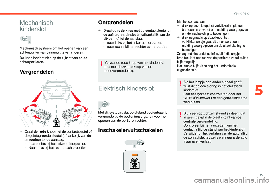 CITROEN C4 CACTUS 2019 Instructieboekjes (in Dutch) 93
Mechanisch
kinderslot
VergrendelenOntgrendelen
F Draai de rode
knop met de contactsleutel of
de geïntegreerde sleutel (afhankelijk van de
uitvoering) tot de aanslag:
-
n
aar links bij het l CITROEN C4 CACTUS 2019 Instructieboekjes (in Dutch) 93
Mechanisch
kinderslot
VergrendelenOntgrendelen
F Draai de rode
knop met de contactsleutel of
de geïntegreerde sleutel (afhankelijk van de
uitvoering) tot de aanslag:
-
n
aar links bij het l