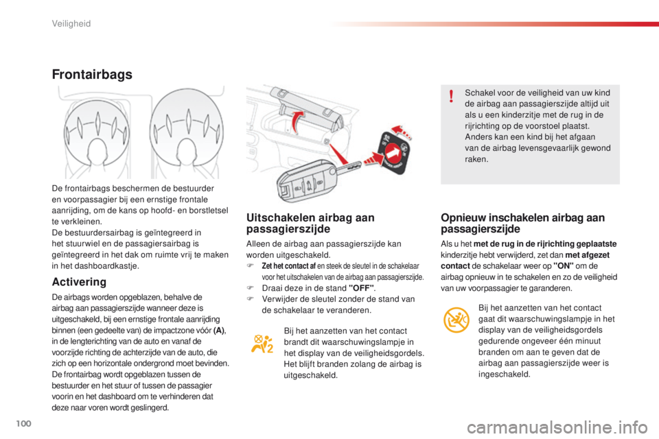 CITROEN C4 CACTUS 2018  Instructieboekjes (in Dutch) 100
C4-cactus_nl_Chap05_securite_ed01-2016
Uitschakelen airbag aan 
passagierszijde
Alleen de airbag aan passagierszijde kan 
worden uitgeschakeld.
F
 Zet het contact af en steek de sleutel in de scha