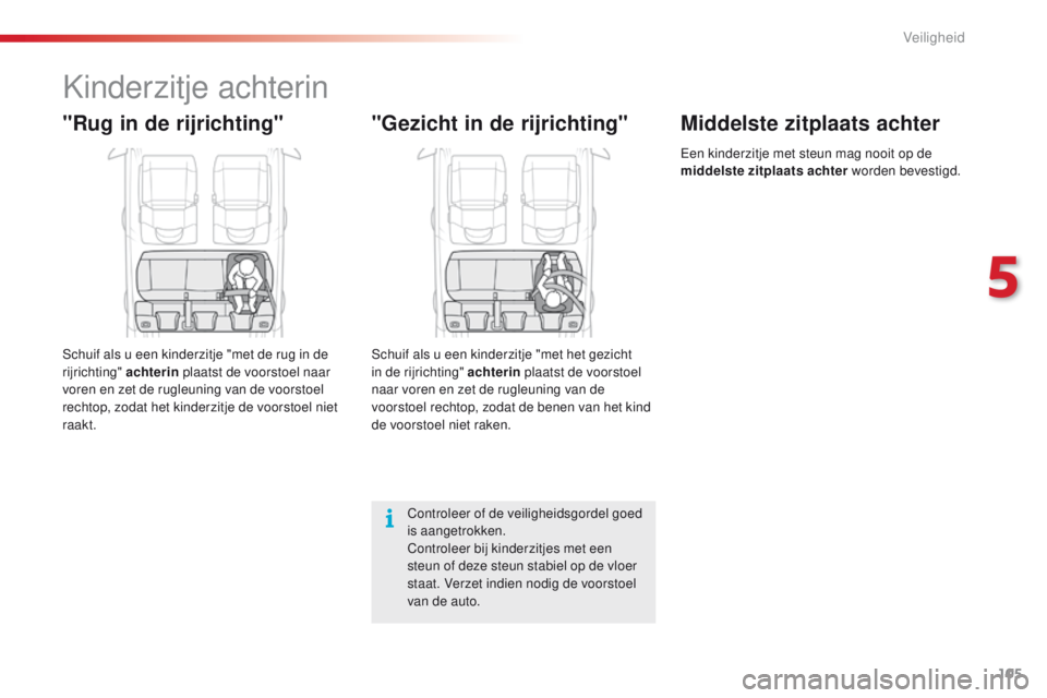 CITROEN C4 CACTUS 2018  Instructieboekjes (in Dutch) 105
C4-cactus_nl_Chap05_securite_ed01-2016
Kinderzitje achterin
"Rug in de rijrichting"
Schuif als u een kinderzitje "met de rug in de 
rijrichting" achterin plaatst de voorstoel naar 