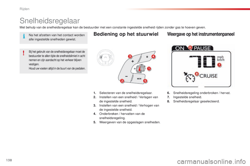 CITROEN C4 CACTUS 2018 Instructieboekjes (in Dutch) 138
C4-cactus_nl_Chap06_conduite_ed01-2016
Bediening op het stuurwiel
6. Snelheidsregeling onderbroken / hervat.
7. In gestelde snelheid.
8.
Snel
heidsregelaar geselecteerd.
Snelheidsregelaar
Met be CITROEN C4 CACTUS 2018 Instructieboekjes (in Dutch) 138
C4-cactus_nl_Chap06_conduite_ed01-2016
Bediening op het stuurwiel
6. Snelheidsregeling onderbroken / hervat.
7. In gestelde snelheid.
8.
Snel
heidsregelaar geselecteerd.
Snelheidsregelaar
Met be