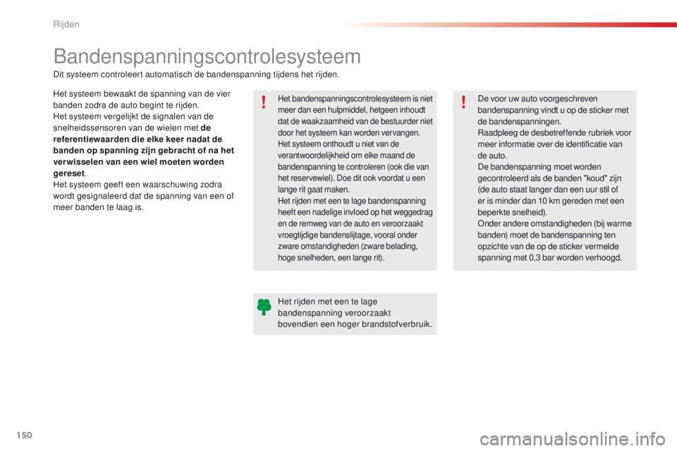 CITROEN C4 CACTUS 2018  Instructieboekjes (in Dutch) 150
C4-cactus_nl_Chap06_conduite_ed01-2016
Bandenspanningscontrolesysteem
Het systeem bewaakt de spanning van de vier 
banden zodra de auto begint te rijden.
Het systeem vergelijkt de signalen van de 