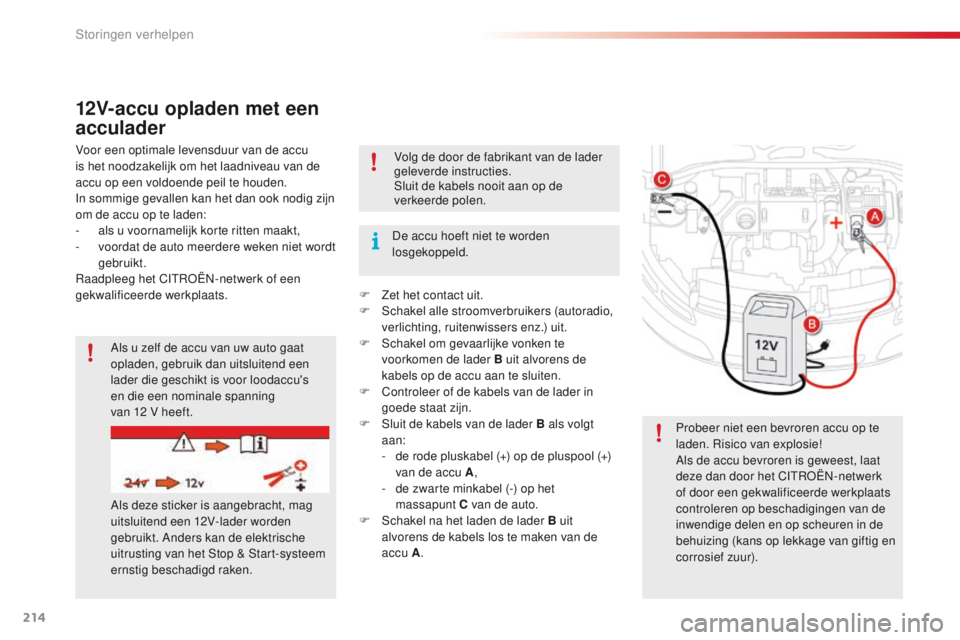 CITROEN C4 CACTUS 2018  Instructieboekjes (in Dutch) 214
C4-cactus_nl_Chap08_En-cas-de-panne_ed01-2016
12V-accu opladen met een 
acculader
Voor een optimale levensduur van de accu 
is het noodzakelijk om het laadniveau van de 
accu op een voldoende peil