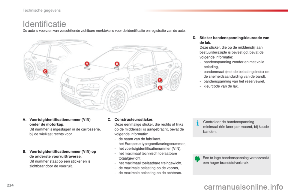 CITROEN C4 CACTUS 2018 Instructieboekjes (in Dutch) 224
C4-cactus_nl_Chap09_caracteristiques-techniques_ed01-2016
IdentificatieDe auto is voorzien van verschillende zichtbare merktekens voor de identificatie en registratie van de auto.
A.
Vo
ertuigide CITROEN C4 CACTUS 2018 Instructieboekjes (in Dutch) 224
C4-cactus_nl_Chap09_caracteristiques-techniques_ed01-2016
IdentificatieDe auto is voorzien van verschillende zichtbare merktekens voor de identificatie en registratie van de auto.
A.
Vo
ertuigide