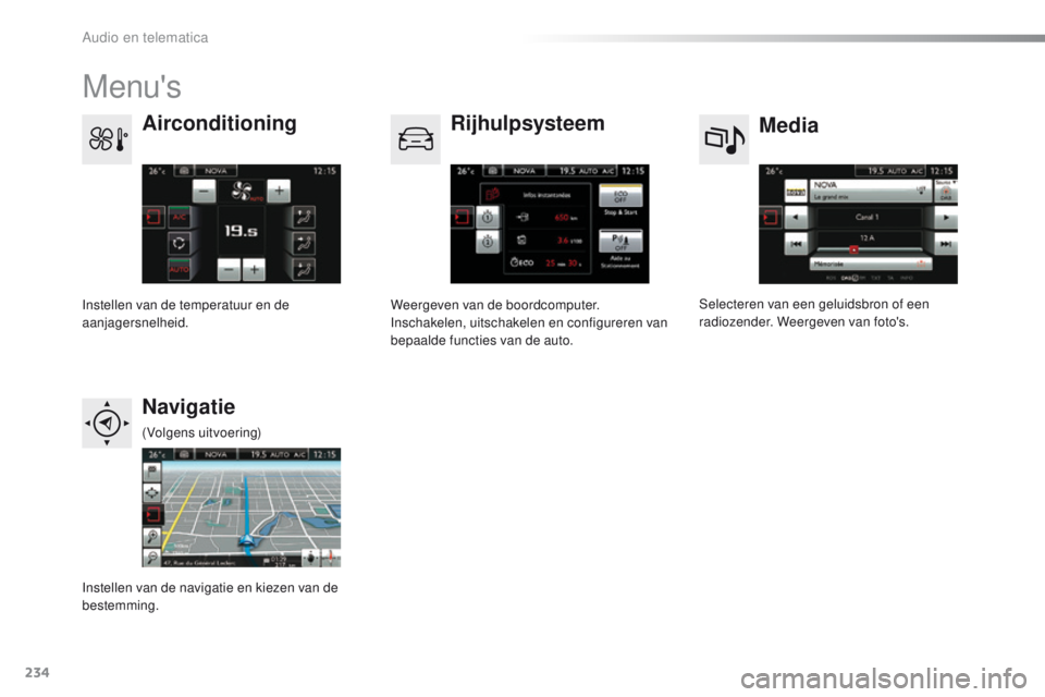 CITROEN C4 CACTUS 2018  Instructieboekjes (in Dutch) 234
C4-cactus_nl_Chap10b_SMEGplus_ed01-2016
Menu's
Media
Airconditioning
Rijhulpsysteem
Navigatie
Selecteren van een geluidsbron of een 
radiozender. Weergeven van foto's.
Instellen van de tem