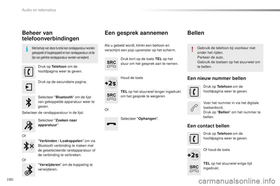 CITROEN C4 CACTUS 2018 Instructieboekjes (in Dutch) 280
C4-cactus_nl_Chap10b_SMEGplus_ed01-2016
Beheer van
telefoonverbindingen
Met behulp van deze functie kan randapparatuur worden
gekoppeld of losgekoppeld en kan randapparatuur uit de
lijst van ge CITROEN C4 CACTUS 2018 Instructieboekjes (in Dutch) 280
C4-cactus_nl_Chap10b_SMEGplus_ed01-2016
Beheer van
telefoonverbindingen
Met behulp van deze functie kan randapparatuur worden
gekoppeld of losgekoppeld en kan randapparatuur uit de
lijst van ge