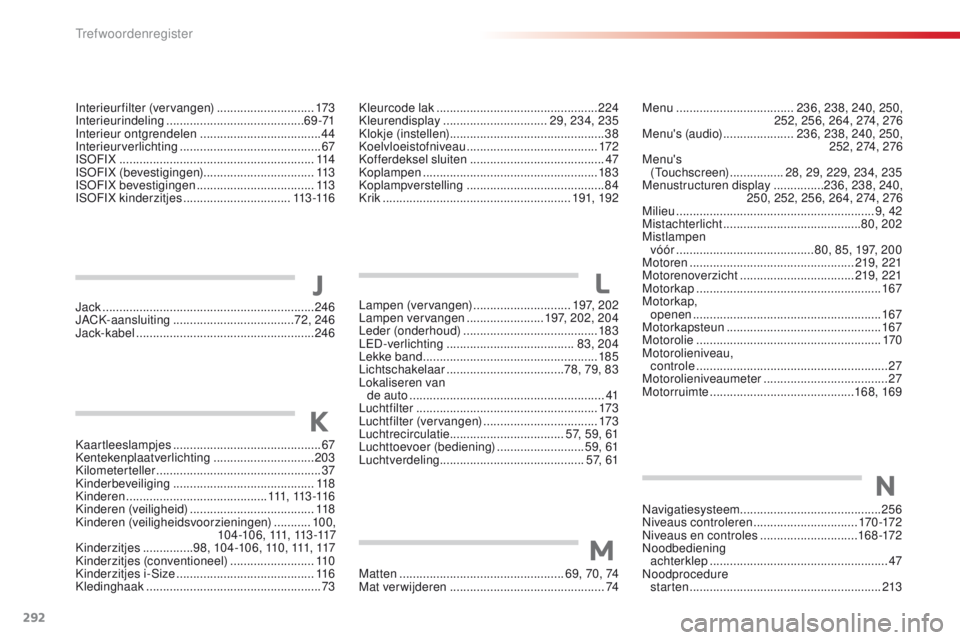 CITROEN C4 CACTUS 2018 Instructieboekjes (in Dutch) 292
C4-cactus_nl_Chap11_index-alpha_ed01-2016
Lampen (vervangen) .............................1 9 7, 2 0 2
Lampen vervangen ....................... 19
7, 202, 204
Leder (onderhoud)
................. CITROEN C4 CACTUS 2018 Instructieboekjes (in Dutch) 292
C4-cactus_nl_Chap11_index-alpha_ed01-2016
Lampen (vervangen) .............................1 9 7, 2 0 2
Lampen vervangen ....................... 19
7, 202, 204
Leder (onderhoud)
.................