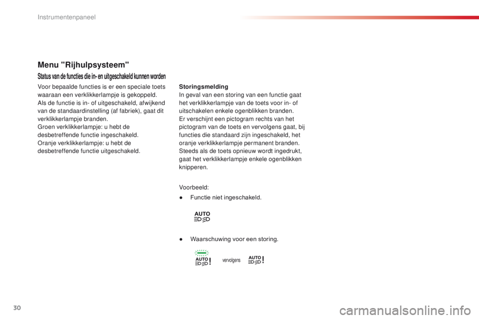 CITROEN C4 CACTUS 2018  Instructieboekjes (in Dutch) 30
C4-cactus_nl_Chap01_Instruments-de-bord_ed01-2016
Status van de functies die in- en uitgeschakeld kunnen worden
Storingsmelding
In geval van een storing van een functie gaat 
het verklikkerlampje v