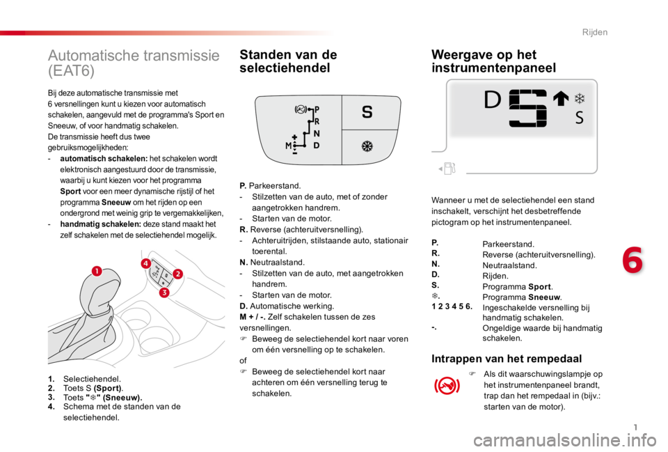 CITROEN C4 CACTUS 2018  Instructieboekjes (in Dutch) 1
6
Rijden
Automatische transmissie 
( E AT 6)
 Bij deze automatische transmissie met 6 versnellingen kunt u kiezen voor automatisch schakelen, aangevuld met de programmas Sport en Sneeuw, of voor ha