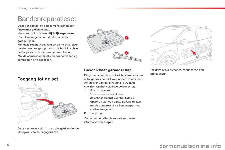 CITROEN C4 CACTUS 2018  Instructieboekjes (in Dutch) 6
Storingen verhelpen
   
 
 
 
 
Op deze sticker staat de bandenspanning 
aangegeven.  
  Deze set bevindt zich in de opbergbak onder de 
vloerplaat van de bagageruimte.      
Deze set bestaat uit ee