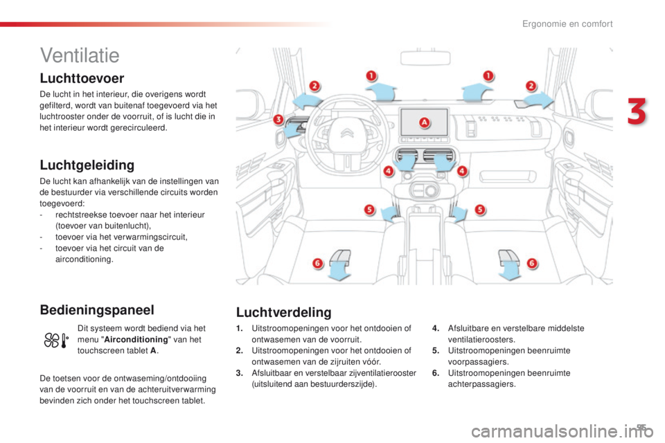 CITROEN C4 CACTUS 2018 Instructieboekjes (in Dutch) 55
C4-cactus_nl_Chap03_Ergonomie-et-confort_ed01-2016
Ventilatie
Luchttoevoer
De lucht in het interieur, die overigens wordt
gefilterd, wordt van buitenaf toegevoerd via het
luchtrooster onder de vo CITROEN C4 CACTUS 2018 Instructieboekjes (in Dutch) 55
C4-cactus_nl_Chap03_Ergonomie-et-confort_ed01-2016
Ventilatie
Luchttoevoer
De lucht in het interieur, die overigens wordt
gefilterd, wordt van buitenaf toegevoerd via het
luchtrooster onder de vo