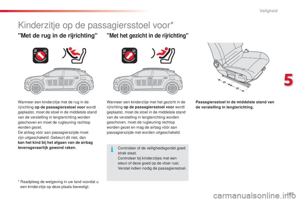 CITROEN C4 CACTUS 2016 Instructieboekjes (in Dutch) 103
C4-cactus_nl_Chap05_securite_ed01-2015
Kinderzitje op de passagiersstoel voor*
"Met de rug in de rijrichting""Met het gezicht in de rijrichting"
Passagiersstoel in de middelste sta CITROEN C4 CACTUS 2016 Instructieboekjes (in Dutch) 103
C4-cactus_nl_Chap05_securite_ed01-2015
Kinderzitje op de passagiersstoel voor*
"Met de rug in de rijrichting""Met het gezicht in de rijrichting"
Passagiersstoel in de middelste sta