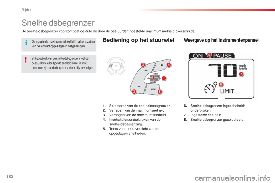 CITROEN C4 CACTUS 2016 Instructieboekjes (in Dutch) 132
C4-cactus_nl_Chap06_conduite_ed01-2015
Bediening op het stuurwiel
6. Snelheidsbegrenzer ingeschakeld/onderbroken.
7.
I
ngestelde snelheid.
8.
S
nelheidsbegrenzer geselecteerd.
Snelheidsbegrenz CITROEN C4 CACTUS 2016 Instructieboekjes (in Dutch) 132
C4-cactus_nl_Chap06_conduite_ed01-2015
Bediening op het stuurwiel
6. Snelheidsbegrenzer ingeschakeld/onderbroken.
7.
I
ngestelde snelheid.
8.
S
nelheidsbegrenzer geselecteerd.
Snelheidsbegrenz