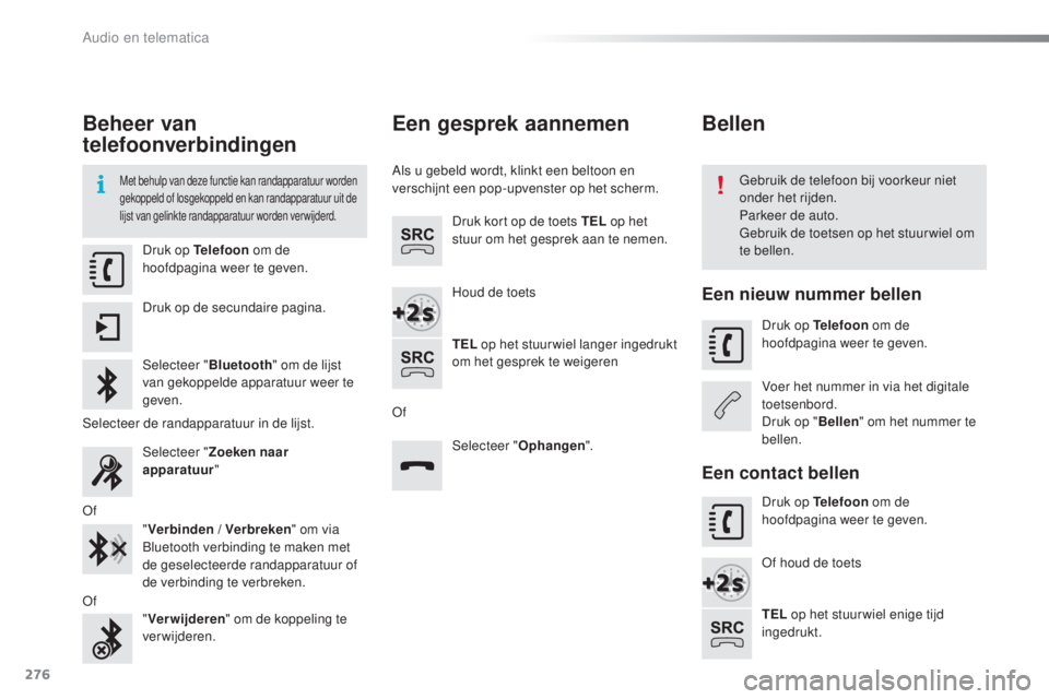 CITROEN C4 CACTUS 2016 Instructieboekjes (in Dutch) 276
C4-cactus_nl_Chap10b_SMEGplus_ed01-2015
Beheer van
telefoonverbindingen
Met behulp van deze functie kan randapparatuur worden
gekoppeld of losgekoppeld en kan randapparatuur uit de
lijst van ge CITROEN C4 CACTUS 2016 Instructieboekjes (in Dutch) 276
C4-cactus_nl_Chap10b_SMEGplus_ed01-2015
Beheer van
telefoonverbindingen
Met behulp van deze functie kan randapparatuur worden
gekoppeld of losgekoppeld en kan randapparatuur uit de
lijst van ge