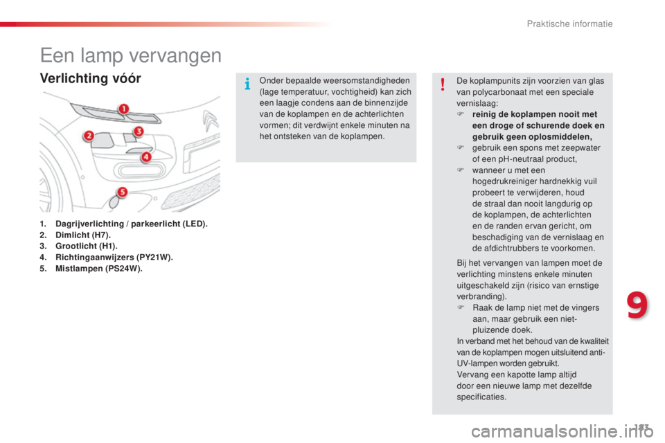CITROEN C4 CACTUS 2015 Instructieboekjes (in Dutch) 183
C4-cactus_nl_Chap09_info-pratiques_ed02-2014
een lamp vervangen
Verlichting vóór
1. Dagrijverlichting / parkeerlicht (LED).
2. Dimlicht (H7).
3.
G
rootlicht (H1).
4.
R
ichtingaanwijzers (PY2 CITROEN C4 CACTUS 2015 Instructieboekjes (in Dutch) 183
C4-cactus_nl_Chap09_info-pratiques_ed02-2014
een lamp vervangen
Verlichting vóór
1. Dagrijverlichting / parkeerlicht (LED).
2. Dimlicht (H7).
3.
G
rootlicht (H1).
4.
R
ichtingaanwijzers (PY2