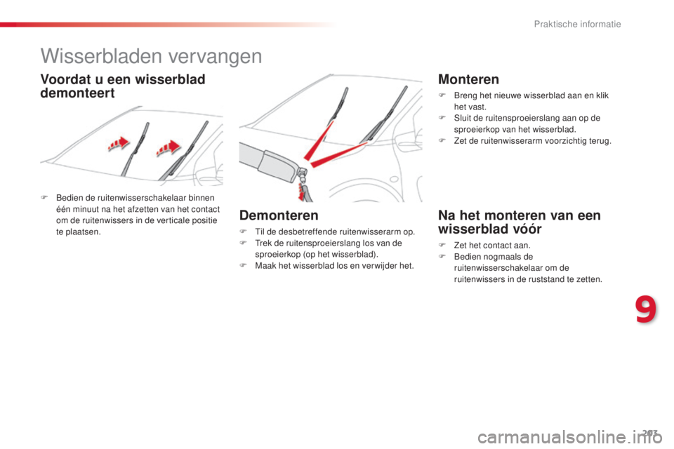 CITROEN C4 CACTUS 2015 Instructieboekjes (in Dutch) 203
C4-cactus_nl_Chap09_info-pratiques_ed02-2014
Wisserbladen vervangen
F bedien de ruitenwisserschakelaar binnen één minuut na het afzetten van het contact
om de ruitenwissers in de verticale pos CITROEN C4 CACTUS 2015 Instructieboekjes (in Dutch) 203
C4-cactus_nl_Chap09_info-pratiques_ed02-2014
Wisserbladen vervangen
F bedien de ruitenwisserschakelaar binnen één minuut na het afzetten van het contact
om de ruitenwissers in de verticale pos