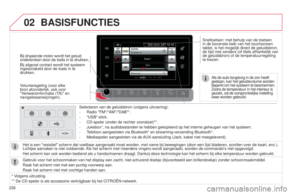 CITROEN C4 CACTUS 2015 Instructieboekjes (in Dutch) 02
236
s
electeren van de geluidsbron (volgens uitvoering):
- r adio "FM"/"AM"/"DA b "*.
- " usb "-stick.
-
CD-speler (onder de rechter voorstoel)**.
-
j ukebo CITROEN C4 CACTUS 2015 Instructieboekjes (in Dutch) 02
236
s
electeren van de geluidsbron (volgens uitvoering):
- r adio "FM"/"AM"/"DA b "*.
- " usb "-stick.
-
CD-speler (onder de rechter voorstoel)**.
-
j ukebo