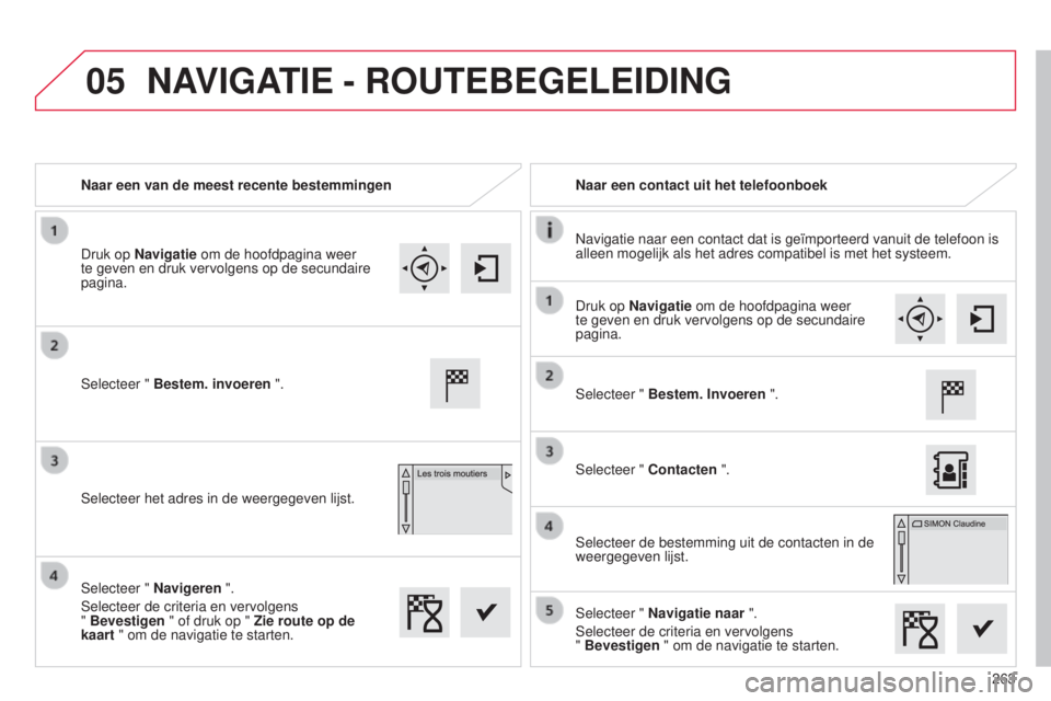 CITROEN C4 CACTUS 2015  Instructieboekjes (in Dutch) 05
263
Naar een van de meest recente bestemmingen
Naar een contact uit het telefoonboek
n

avigatie naar een contact dat is geïmporteerd vanuit de telefoon is 
alleen mogelijk als het adres compatibe