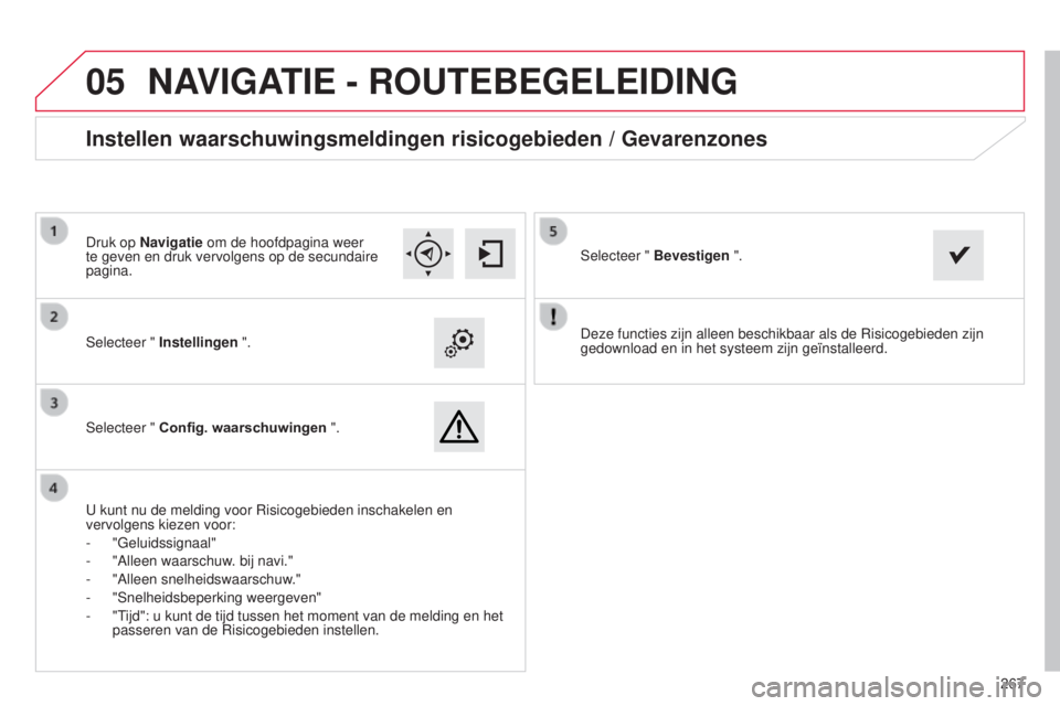 CITROEN C4 CACTUS 2015  Instructieboekjes (in Dutch)  
05
267
Deze functies zijn alleen beschikbaar als de 
r
isicogebieden zijn 
gedownload en in het systeem zijn geïnstalleerd.
s

electeer " Instellingen
 ".
s

electeer " Config. waarschu