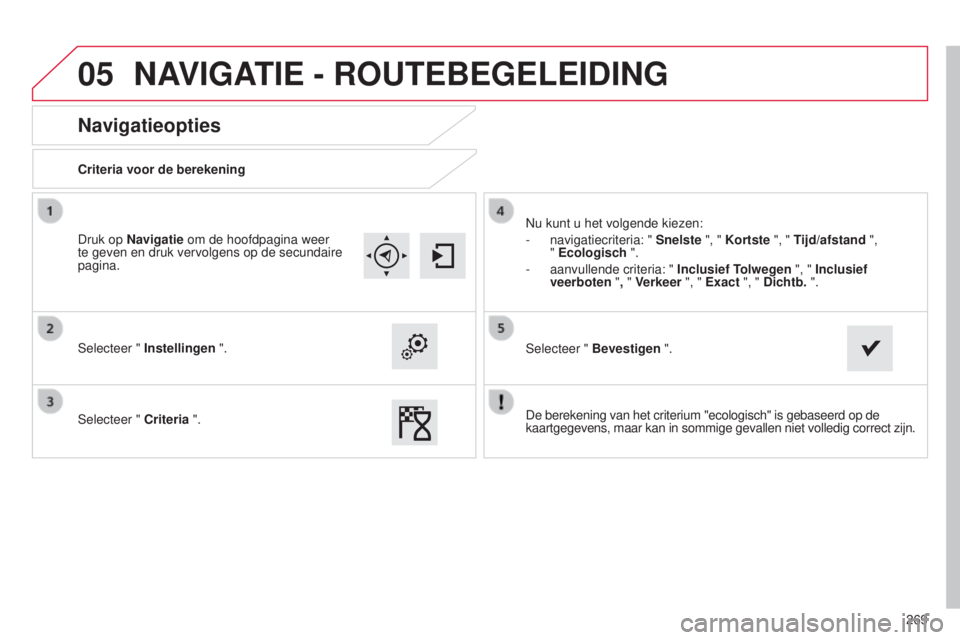 CITROEN C4 CACTUS 2015  Instructieboekjes (in Dutch) 05
269
Navigatieopties
Criteria voor de berekening
s
electeer " Instellingen  ".
s

electeer " Criteria ".
n
 u kunt u het volgende kiezen:
-
 
navigatiecriteria: " Snelste

 "