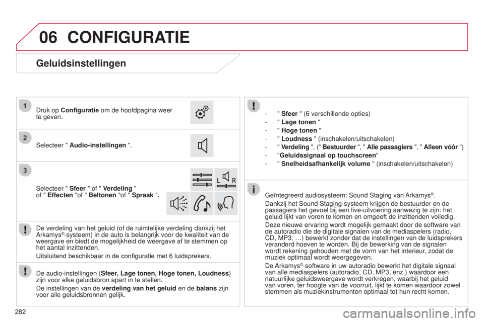 CITROEN C4 CACTUS 2015  Instructieboekjes (in Dutch) 06
282
CONFIGURATIE
- " Sfeer  " (6   verschillende opties)
-   " Lage tonen  "
-
  " Hoge tonen "
-
  " Loudness " (inschakelen/uitschakelen)
-
  " Verdeling " CITROEN C4 CACTUS 2015  Instructieboekjes (in Dutch) 06
282
CONFIGURATIE
- " Sfeer  " (6   verschillende opties)
-   " Lage tonen  "
-
  " Hoge tonen "
-
  " Loudness " (inschakelen/uitschakelen)
-
  " Verdeling "
