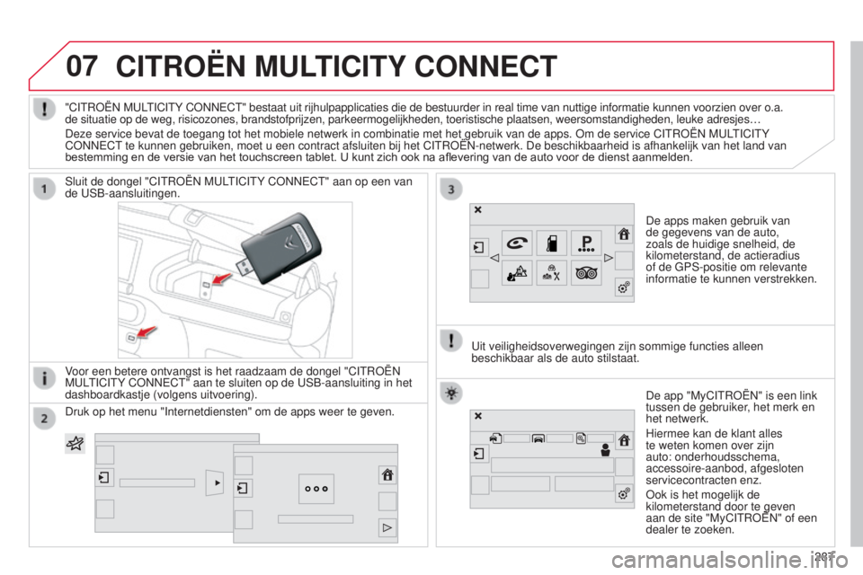 CITROEN C4 CACTUS 2015  Instructieboekjes (in Dutch) 07CITROËN MULTICITY CONNECT
De apps maken gebruik van 
de gegevens van de auto, 
zoals de huidige snelheid, de 
kilometerstand, de actieradius 
of de GPs -positie om relevante 
informatie te kunnen v CITROEN C4 CACTUS 2015  Instructieboekjes (in Dutch) 07CITROËN MULTICITY CONNECT
De apps maken gebruik van 
de gegevens van de auto, 
zoals de huidige snelheid, de 
kilometerstand, de actieradius 
of de GPs -positie om relevante 
informatie te kunnen v