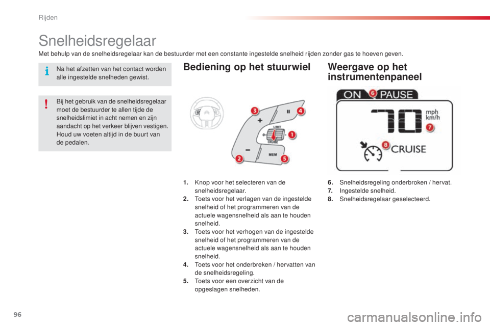 CITROEN C4 CACTUS 2015 Instructieboekjes (in Dutch) 96
C4-cactus_nl_Chap05_conduite_ed02-2014
Bediening op het stuurwiel
6. snelheidsregeling onderbroken / hervat.
7. Ingestelde snelheid.
8.
s nelheidsregelaar geselecteerd.
snelheidsregelaar
Met beh CITROEN C4 CACTUS 2015 Instructieboekjes (in Dutch) 96
C4-cactus_nl_Chap05_conduite_ed02-2014
Bediening op het stuurwiel
6. snelheidsregeling onderbroken / hervat.
7. Ingestelde snelheid.
8.
s nelheidsregelaar geselecteerd.
snelheidsregelaar
Met beh