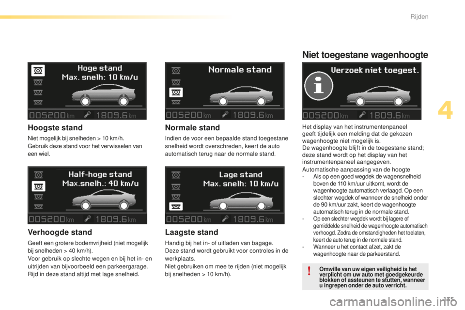 CITROEN C5 2016 Instructieboekjes (in Dutch) 135
C5_nl_Chap04_conduite_ed01-2015
Niet toegestane wagenhoogte
Het display van het instrumentenpaneel
geeft tijdelijk een melding dat de gekozen
wagenhoogte niet mogelijk is.
De wagenhoogte blijft CITROEN C5 2016 Instructieboekjes (in Dutch) 135
C5_nl_Chap04_conduite_ed01-2015
Niet toegestane wagenhoogte
Het display van het instrumentenpaneel
geeft tijdelijk een melding dat de gekozen
wagenhoogte niet mogelijk is.
De wagenhoogte blijft