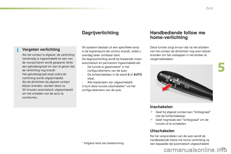 CITROEN C5 2016 Instructieboekjes (in Dutch) 139
C5_nl_Chap05_visibilite_ed01-2015
Vergeten verlichting
Als het contact is afgezet, de verlichting
handmatig is ingeschakeld en een van
de voorportieren wordt geopend, klinkt
een geluidssignaal CITROEN C5 2016 Instructieboekjes (in Dutch) 139
C5_nl_Chap05_visibilite_ed01-2015
Vergeten verlichting
Als het contact is afgezet, de verlichting
handmatig is ingeschakeld en een van
de voorportieren wordt geopend, klinkt
een geluidssignaal