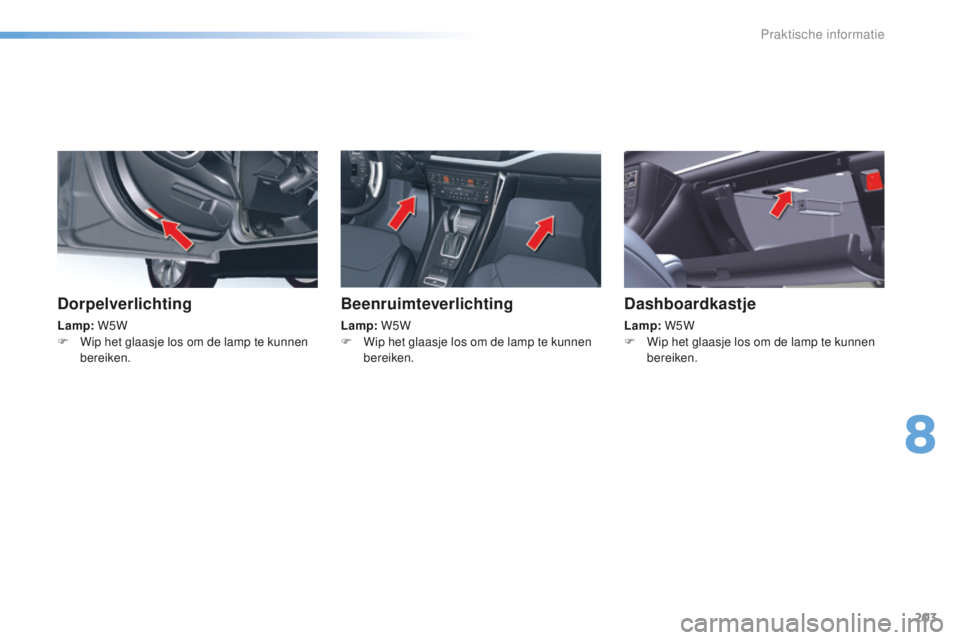 CITROEN C5 2016 Instructieboekjes (in Dutch) 203
C5_nl_Chap08_information_ed01-2015
Dorpelverlichting
Lamp: W5W
F W ip het glaasje los om de lamp te kunnen
bereiken.
Beenruimteverlichting
Lamp: W5W
F W ip het glaasje los om de lamp te kunnen CITROEN C5 2016 Instructieboekjes (in Dutch) 203
C5_nl_Chap08_information_ed01-2015
Dorpelverlichting
Lamp: W5W
F W ip het glaasje los om de lamp te kunnen
bereiken.
Beenruimteverlichting
Lamp: W5W
F W ip het glaasje los om de lamp te kunnen