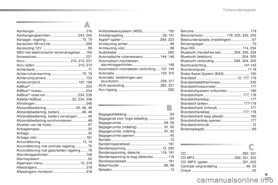 CITROEN C5 2016  Instructieboekjes (in Dutch) 333
C5_nl_Chap12_index-alpha_ed01-2015
Aanhanger..................................................... 216
Aanhangergewichten ............................ 24
3, 245
Aanjager, regeling
 

..............